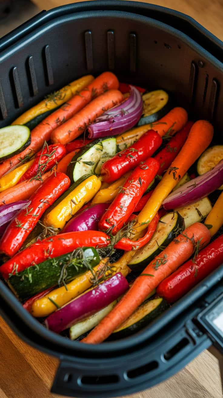 A colorful medley of carrots, peppers, zucchini, and red onion in an air fryer basket.