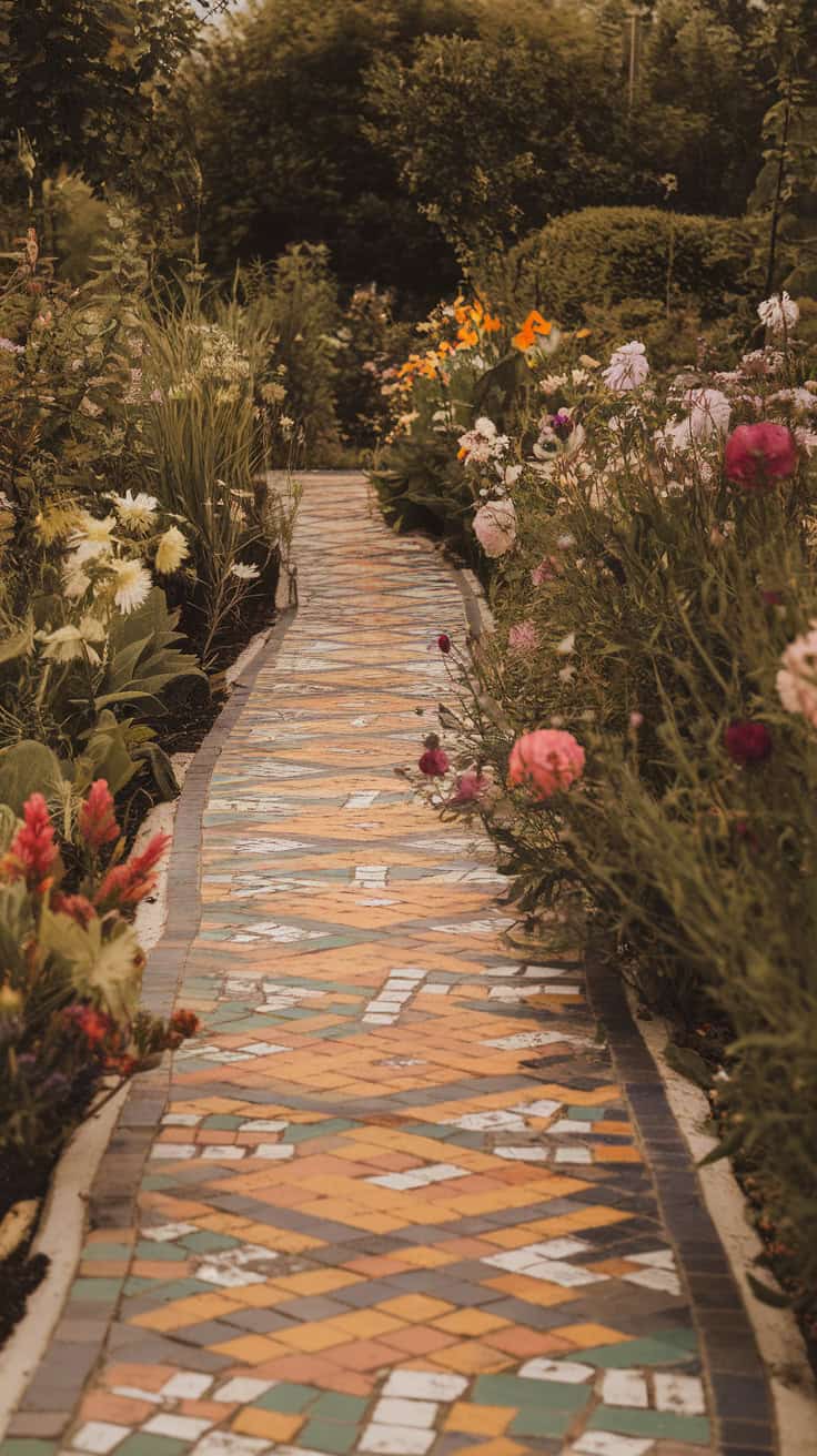 A colorful mosaic tile pathway surrounded by blooming flowers in a garden.