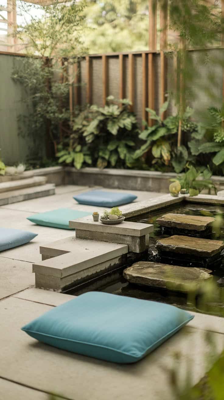 A serene meditation space with cushions and a water feature surrounded by greenery.