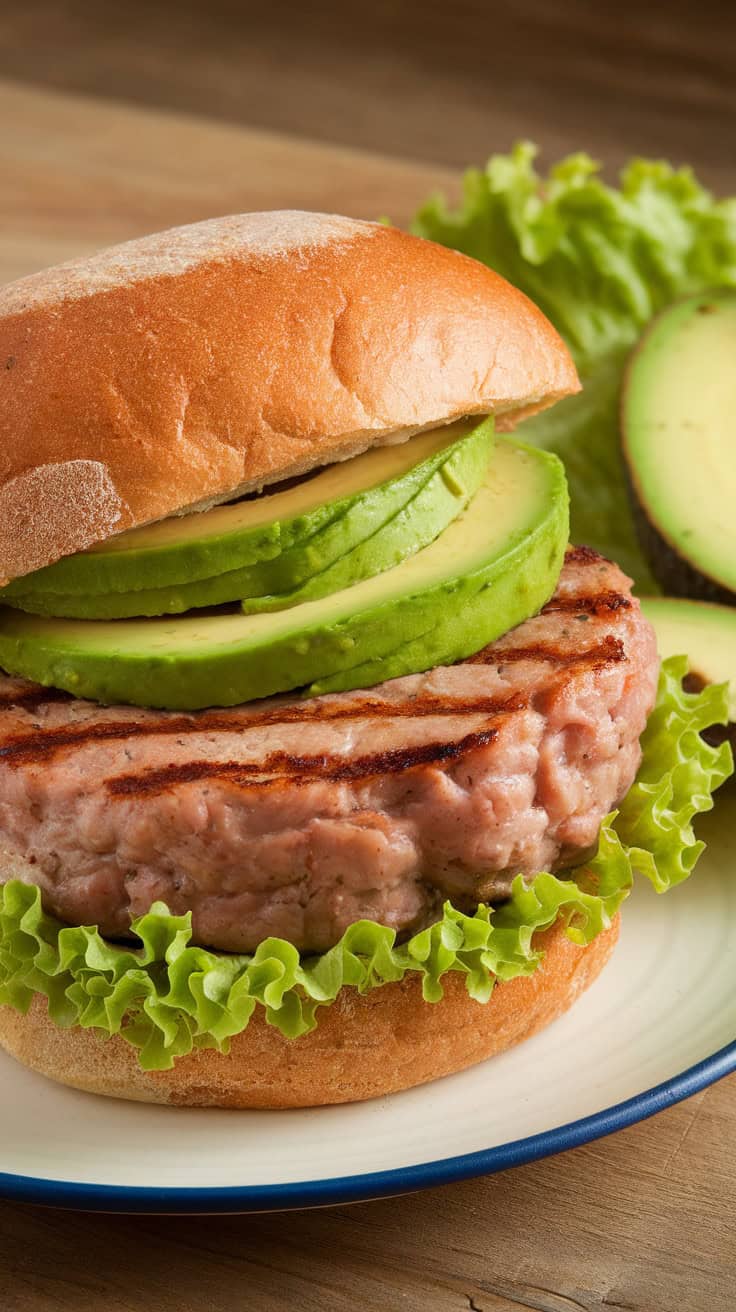 Air fryer turkey burger with avocado and lettuce on a plate